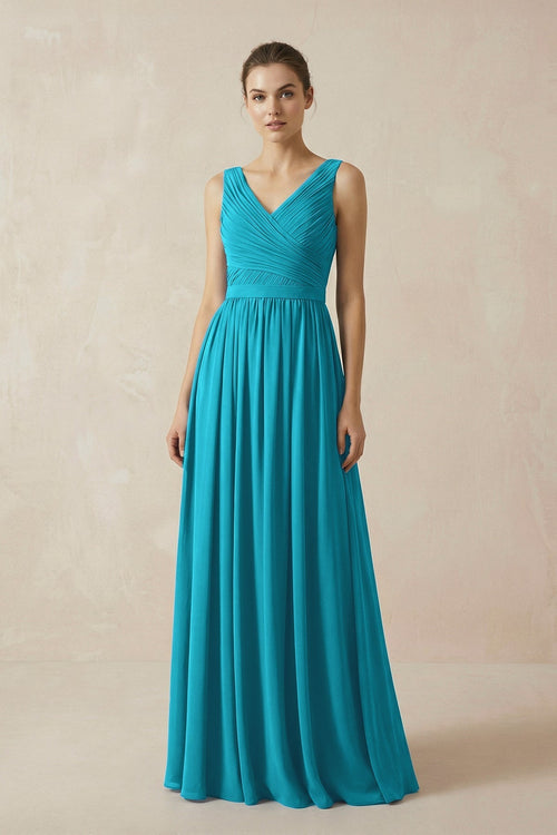 A-Line V-Neck Pleated Chiffon Bridesmaid Dress in Blue Jay - KISS BRIDAL BRIDESMAID DRESSES