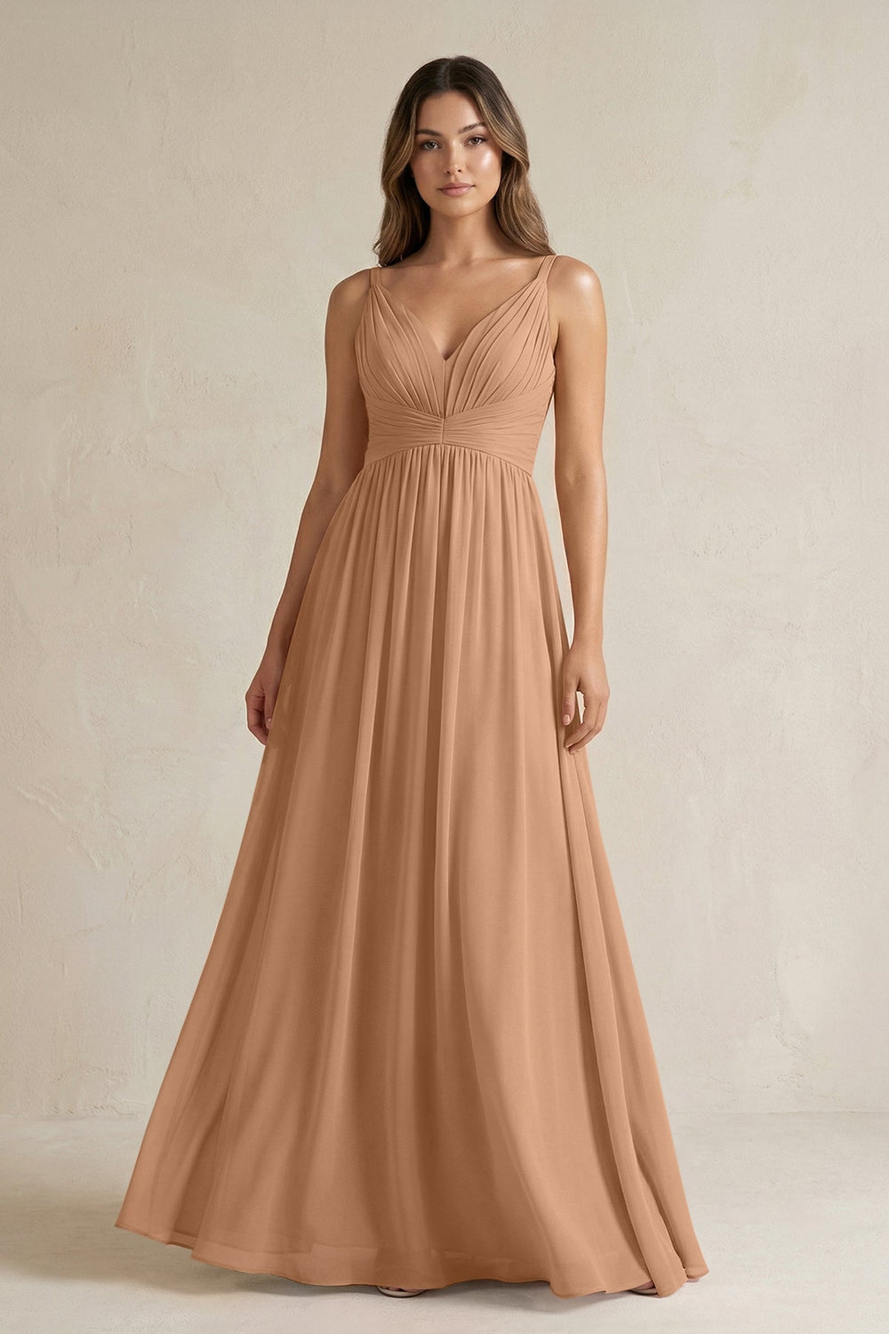 V-Neck Pleated A-Line Chiffon Bridesmaid Dress in Bronzer