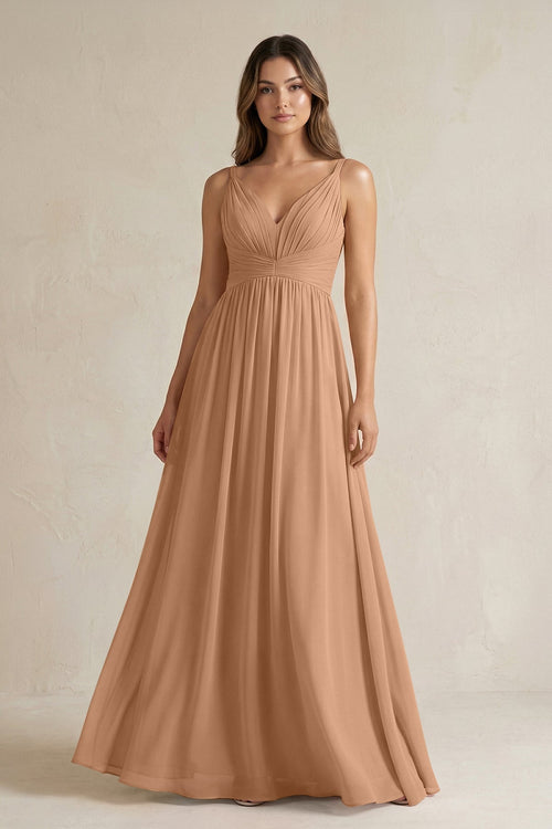 V - Neck Pleated A - Line Chiffon Bridesmaid Dress in Bronzer - KISS BRIDAL Bridesmaid Dresses