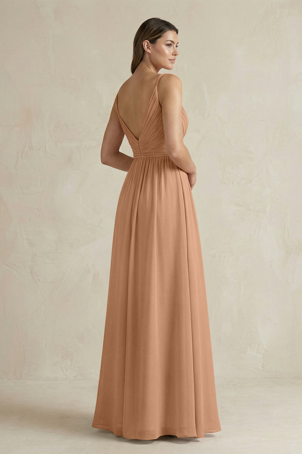 V - Neck Pleated A - Line Chiffon Bridesmaid Dress in Bronzer - KISS BRIDAL Bridesmaid Dresses