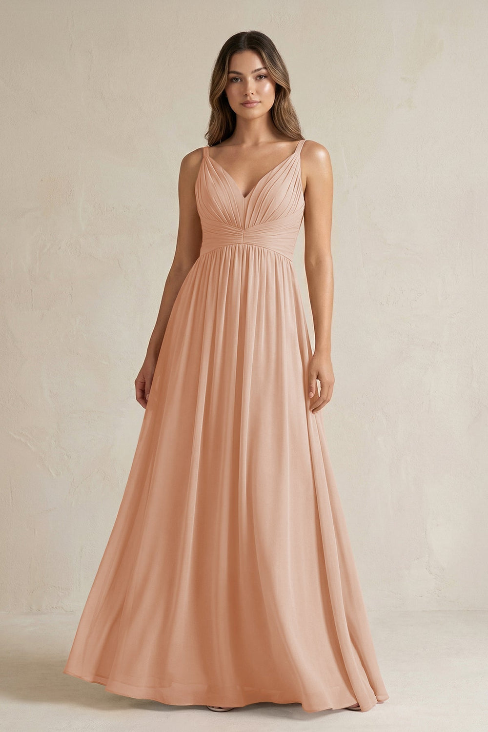 V-Neck Pleated A-Line Chiffon Bridesmaid Dress in Champagne Rose