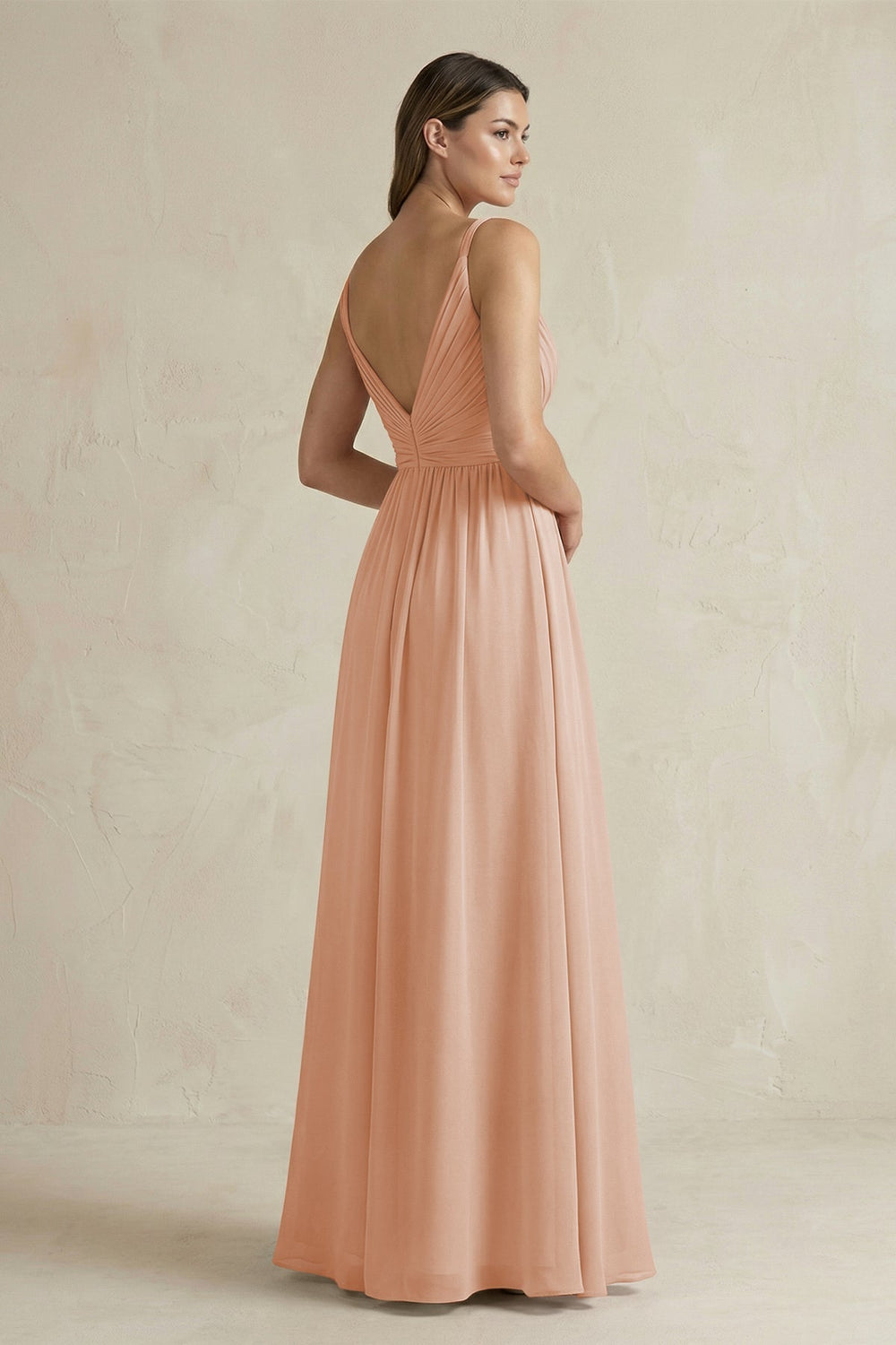 V-Neck Pleated A-Line Chiffon Bridesmaid Dress in Champagne Rose