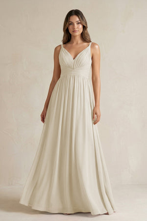 V - Neck Pleated A - Line Chiffon Bridesmaid Dress in Dove Gray - KISS BRIDAL Bridesmaid Dresses