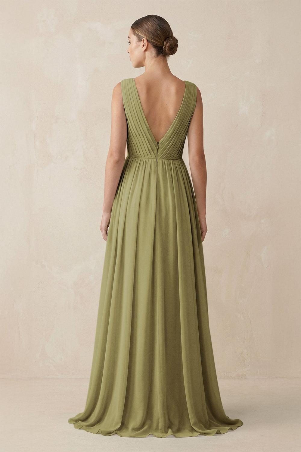 V-Neck Pleated A-Line Chiffon Bridesmaid Dress in Moss Green