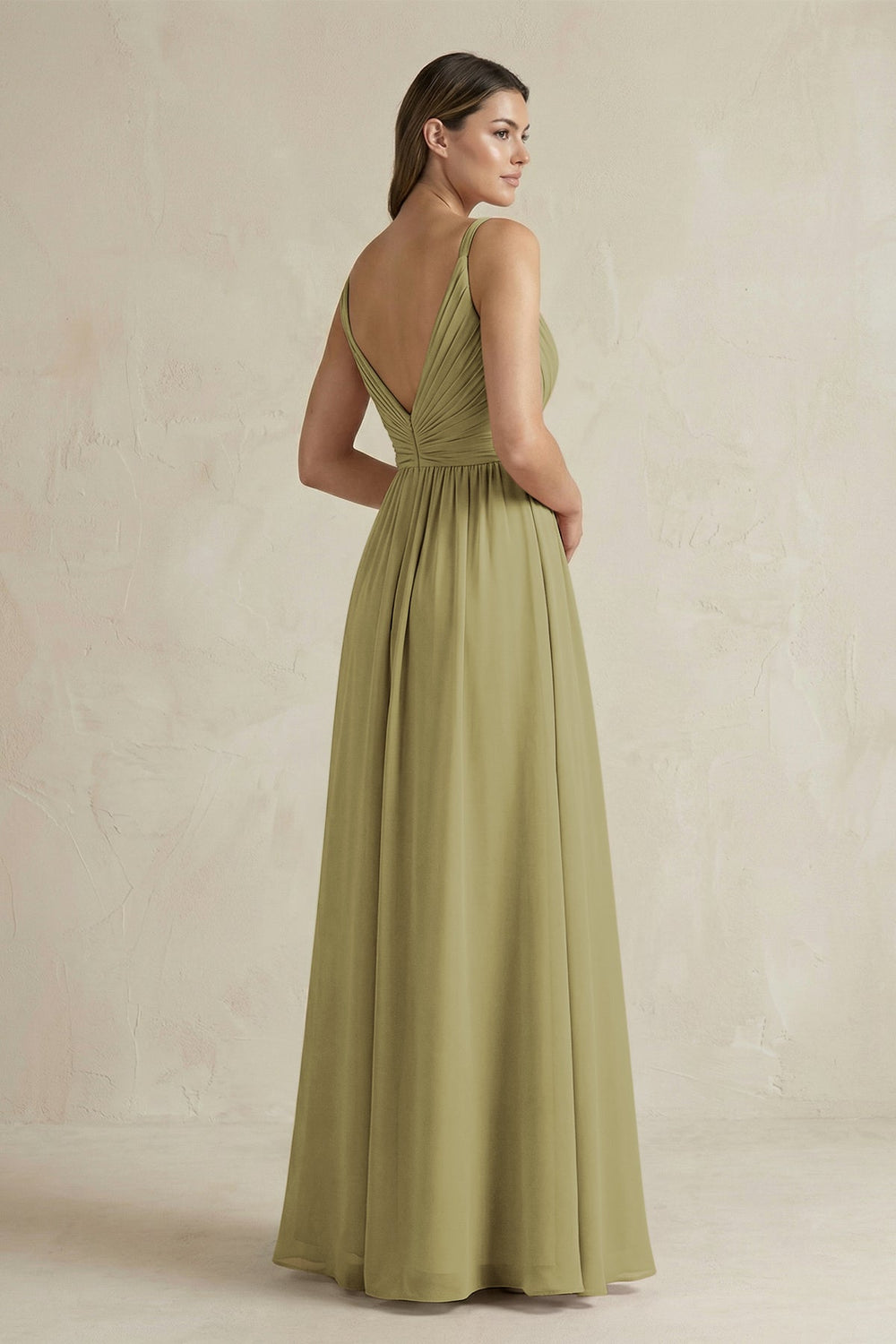 V-Neck Pleated A-Line Chiffon Bridesmaid Dress in Moss Green