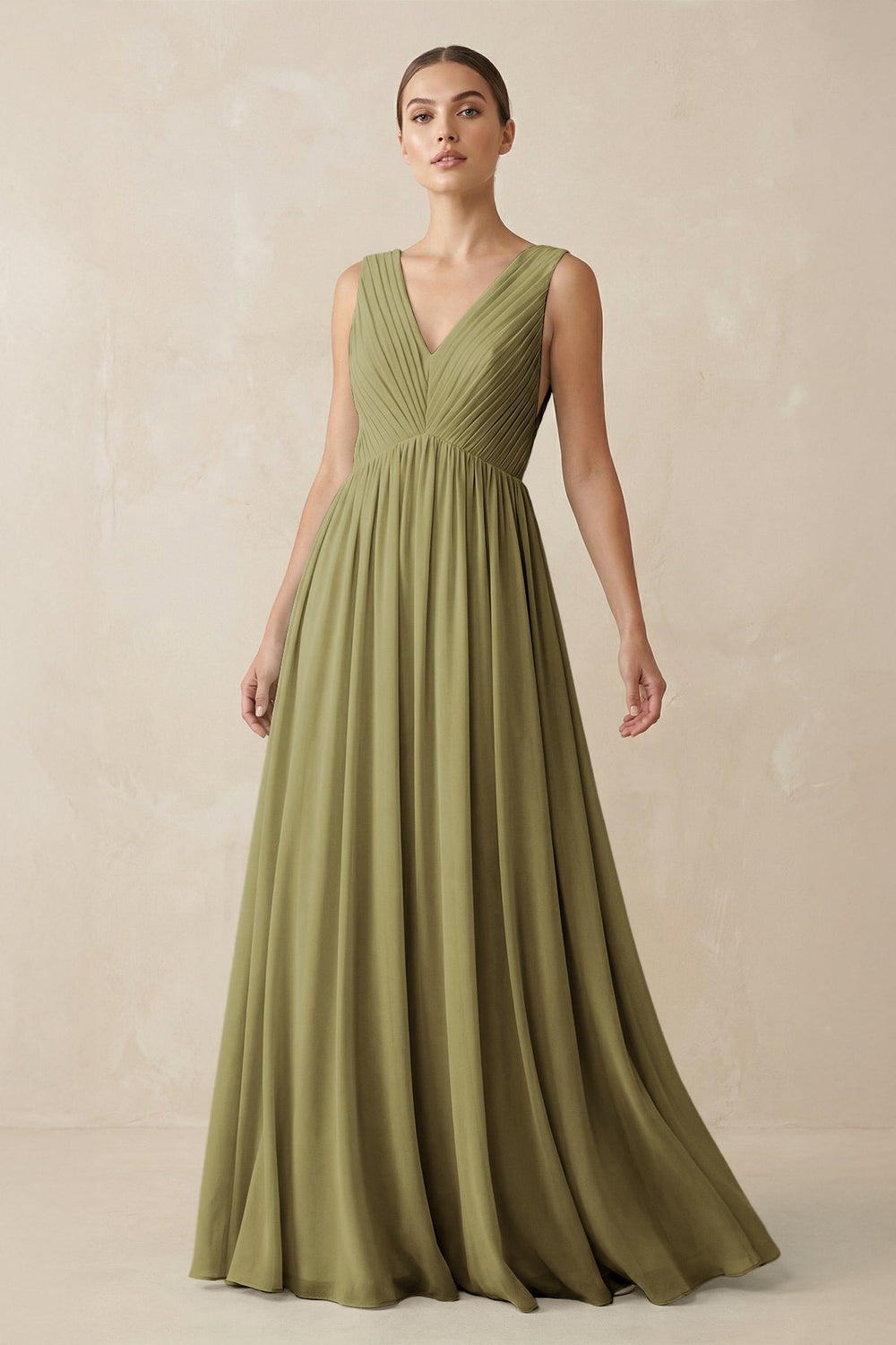 V-Neck Pleated A-Line Chiffon Bridesmaid Dress in Moss Green