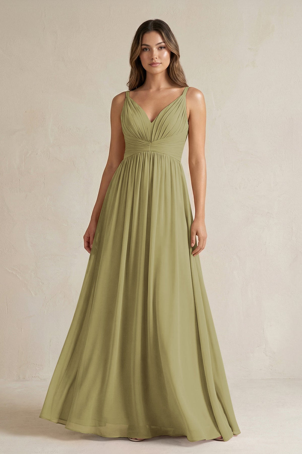 V-Neck Pleated A-Line Chiffon Bridesmaid Dress in Moss Green