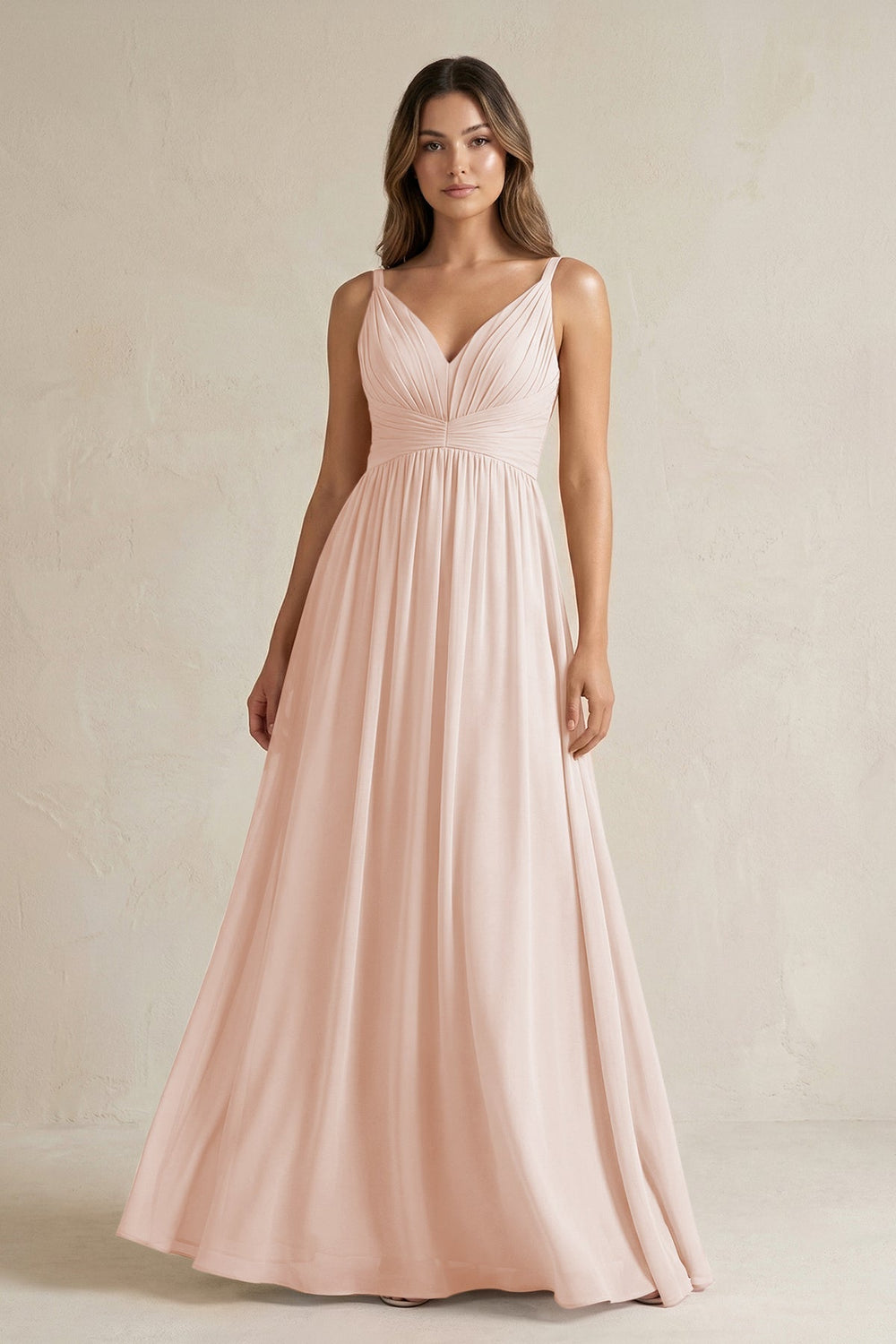 V-Neck Pleated A-Line Chiffon Bridesmaid Dress in Pale Blush