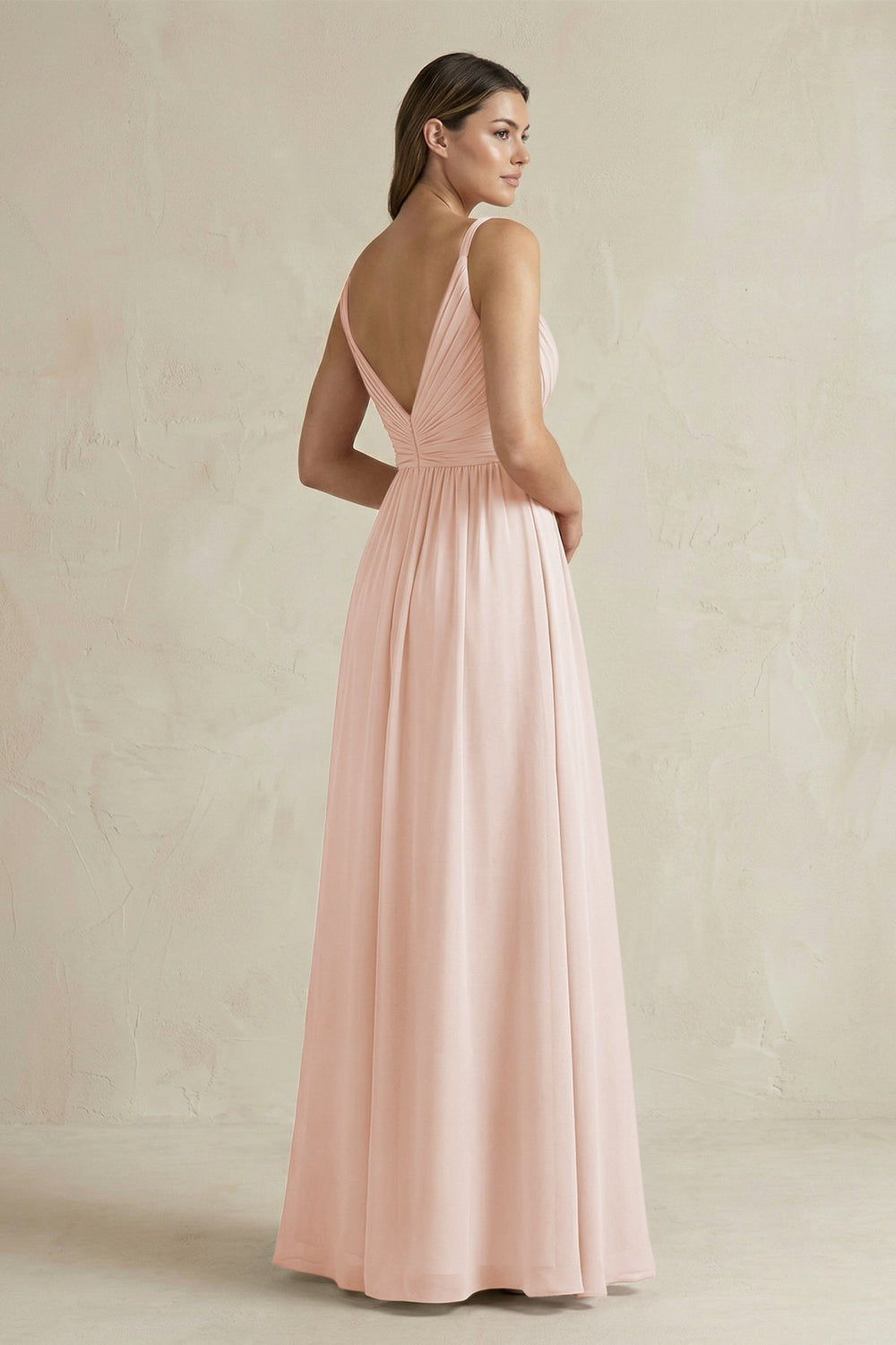 V-Neck Pleated A-Line Chiffon Bridesmaid Dress in Pale Blush