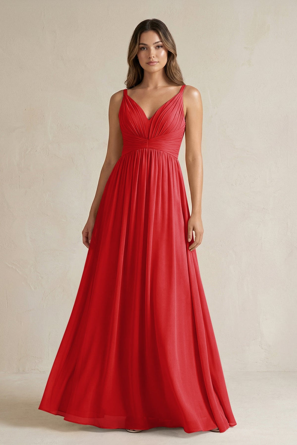V-Neck Pleated A-Line Chiffon Bridesmaid Dress in Ruby Red