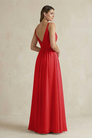 V - Neck Pleated A - Line Chiffon Bridesmaid Dress in Ruby Red - KISS BRIDAL Bridesmaid Dresses