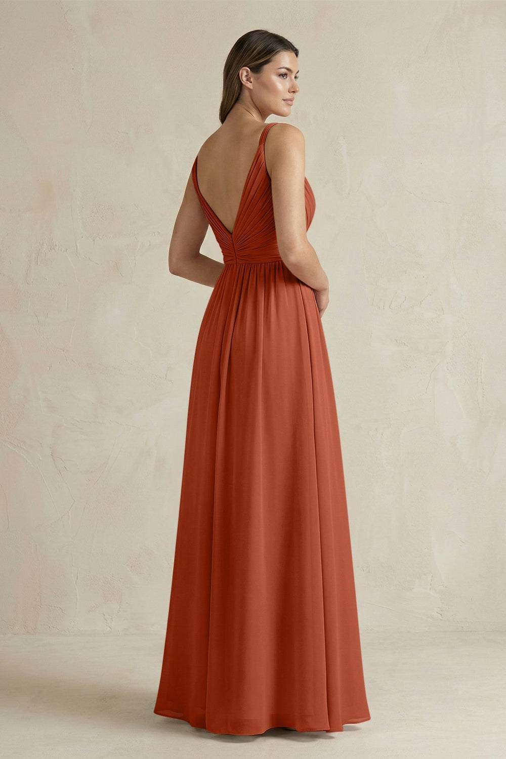 V-Neck Pleated A-Line Chiffon Bridesmaid Dress in Spice