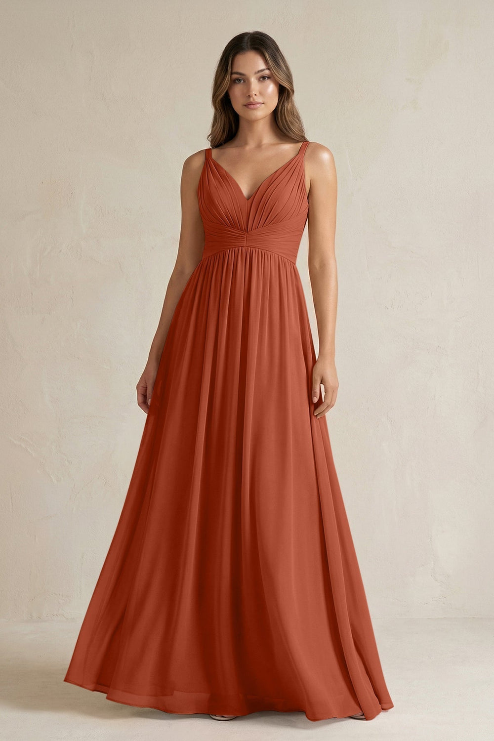 V-Neck Pleated A-Line Chiffon Bridesmaid Dress in Spice