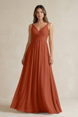 V - Neck Pleated A - Line Chiffon Bridesmaid Dress in Spice - KISS BRIDAL Bridesmaid Dresses