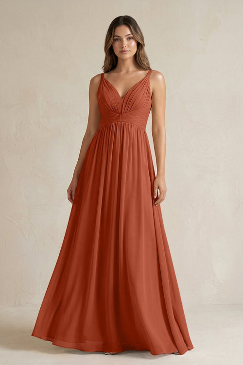 V - Neck Pleated A - Line Chiffon Bridesmaid Dress in Spice - KISS BRIDAL Bridesmaid Dresses
