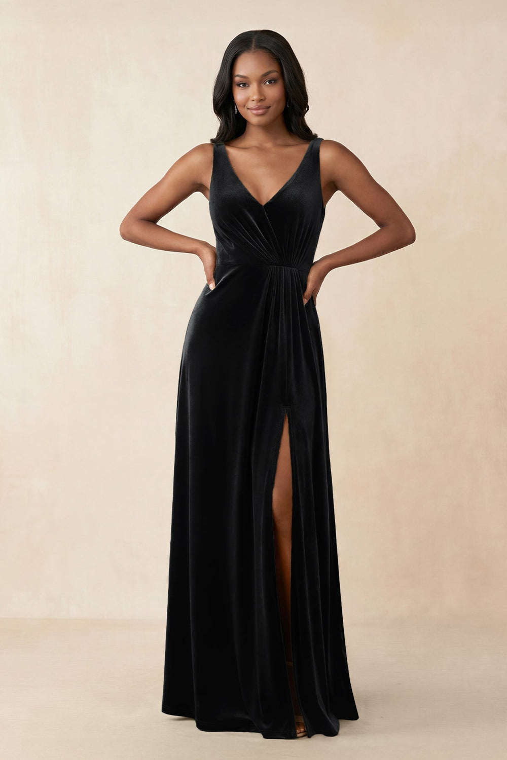 V-Neck Ruched A-Line Velvet Bridesmaid Dress in Black