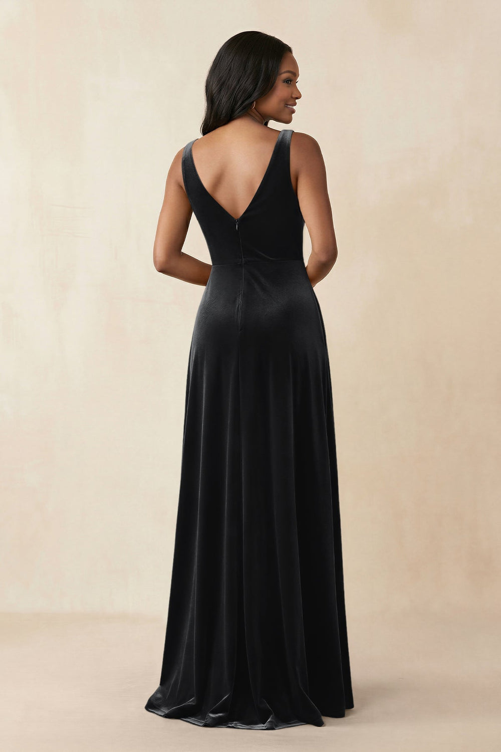 V-Neck Ruched A-Line Velvet Bridesmaid Dress in Black