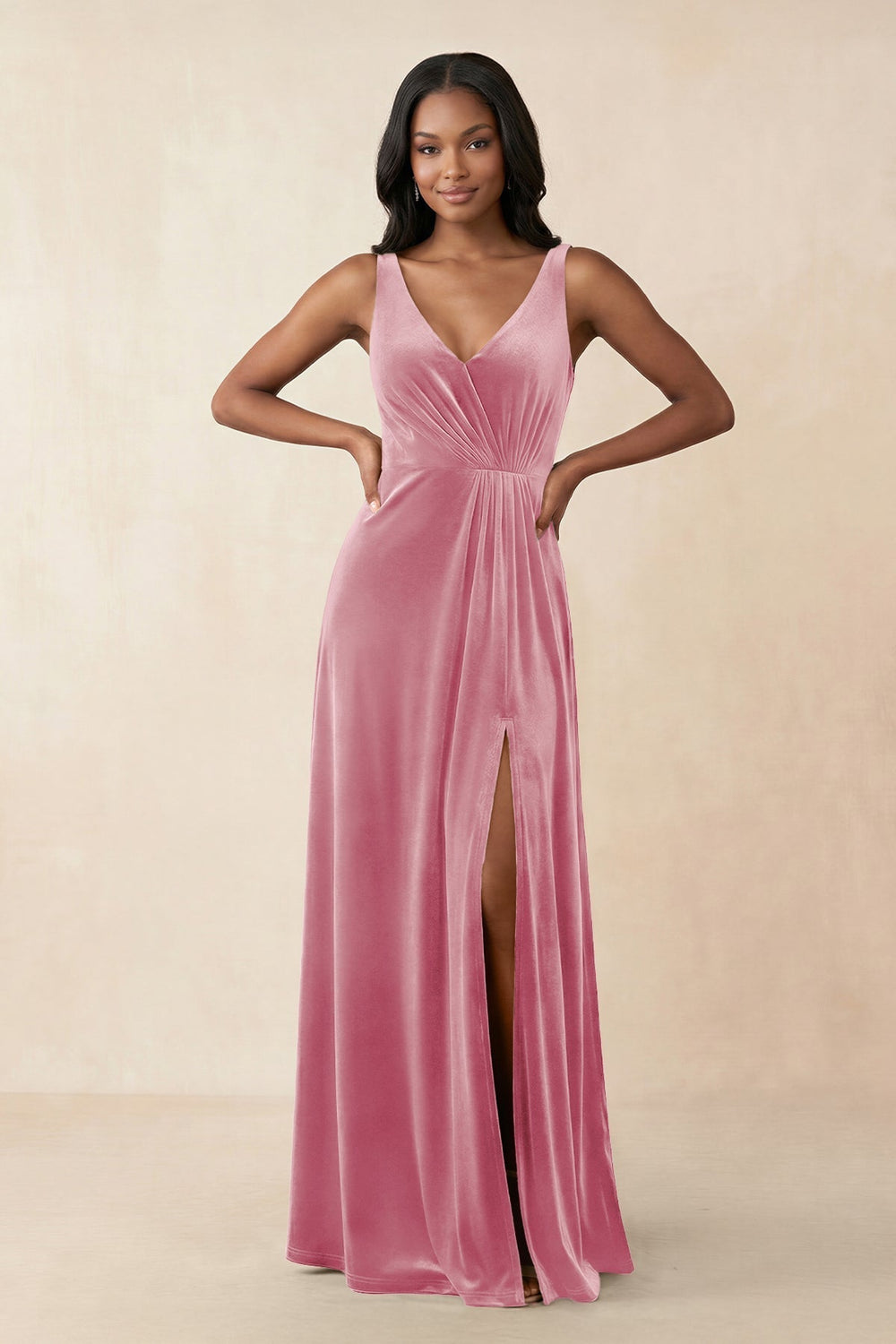 V-Neck Ruched A-Line Velvet Bridesmaid Dress in Blush Pink