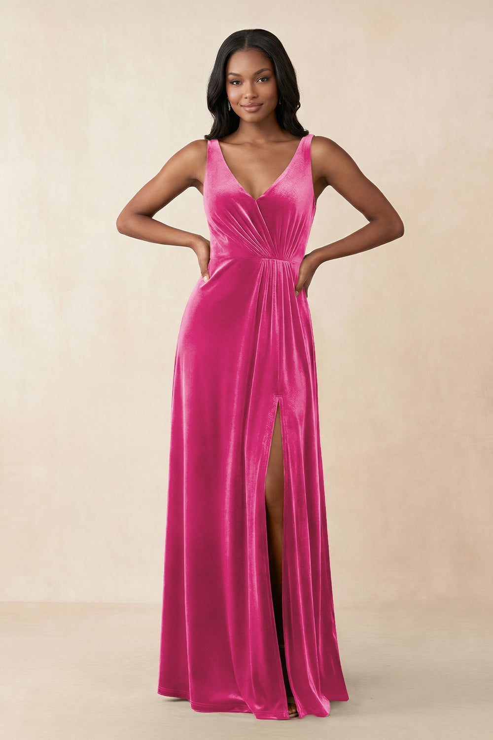 V-Neck Ruched A-Line Velvet Bridesmaid Dress in Bon Bon Pink