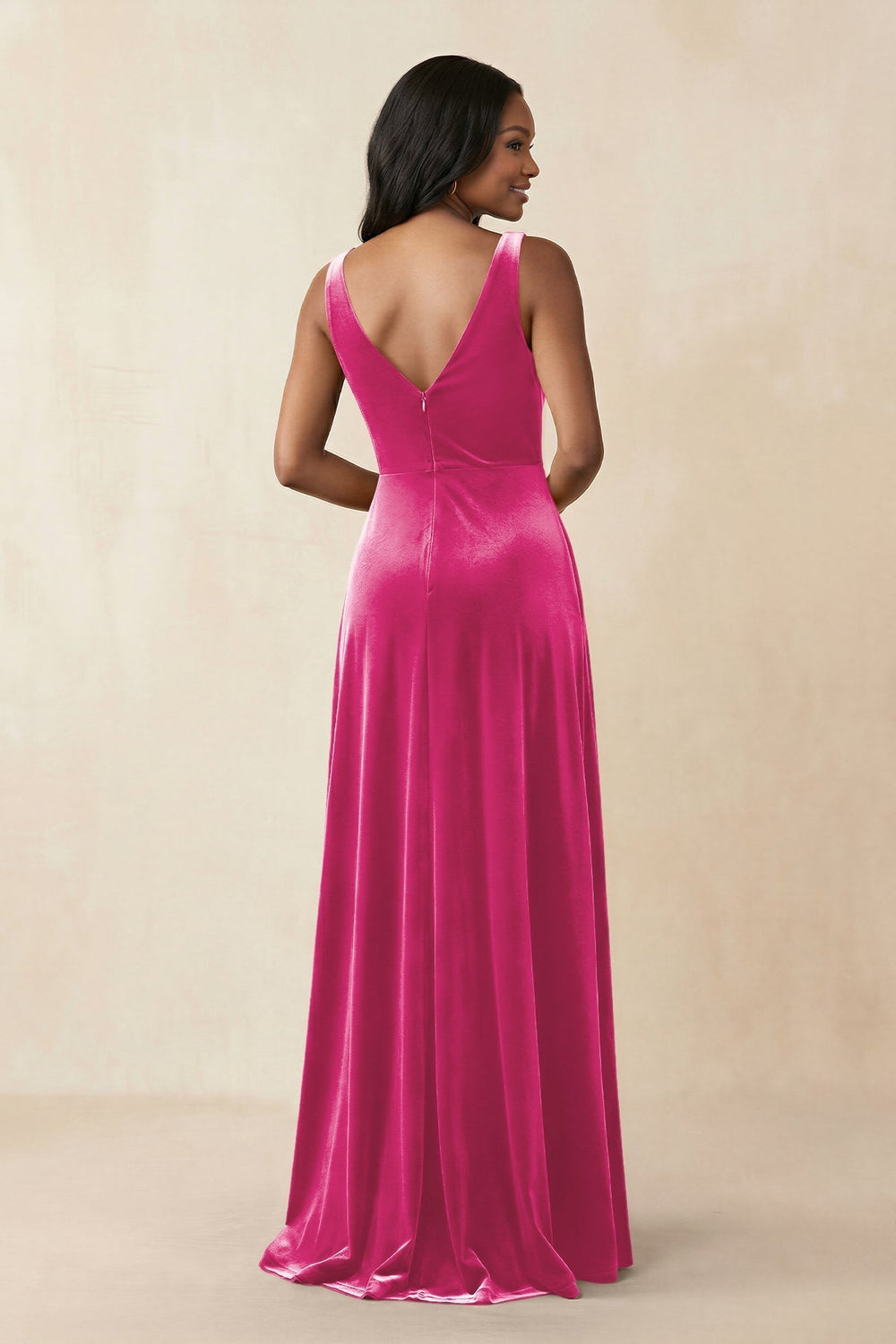 V-Neck Ruched A-Line Velvet Bridesmaid Dress in Bon Bon Pink