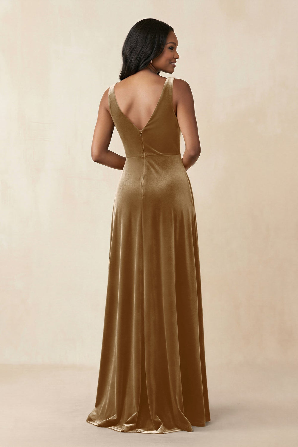 V-Neck Ruched A-Line Velvet Bridesmaid Dress in Bronzer