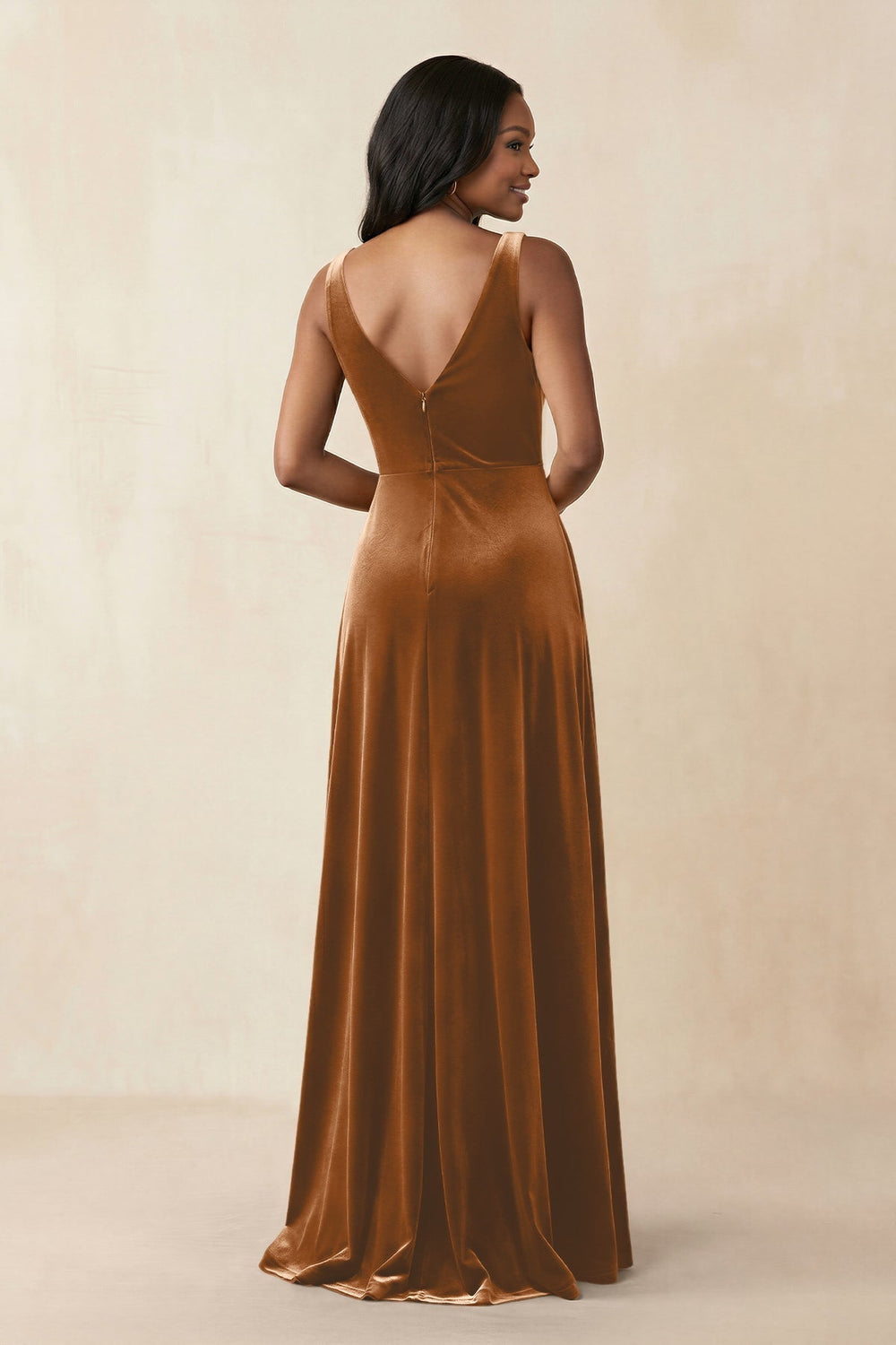 V-Neck Ruched A-Line Velvet Bridesmaid Dress in Brown