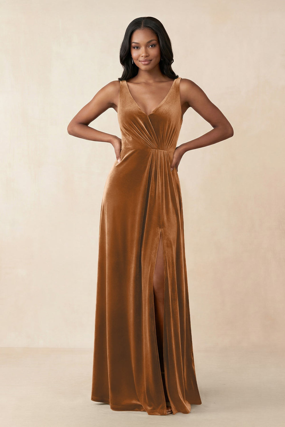 V-Neck Ruched A-Line Velvet Bridesmaid Dress in Brown