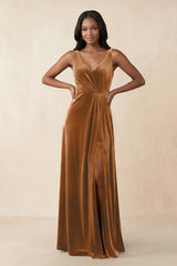 V - Neck Ruched A - Line Velvet Bridesmaid Dress in Brown - KISS BRIDAL Bridesmaid Dresses