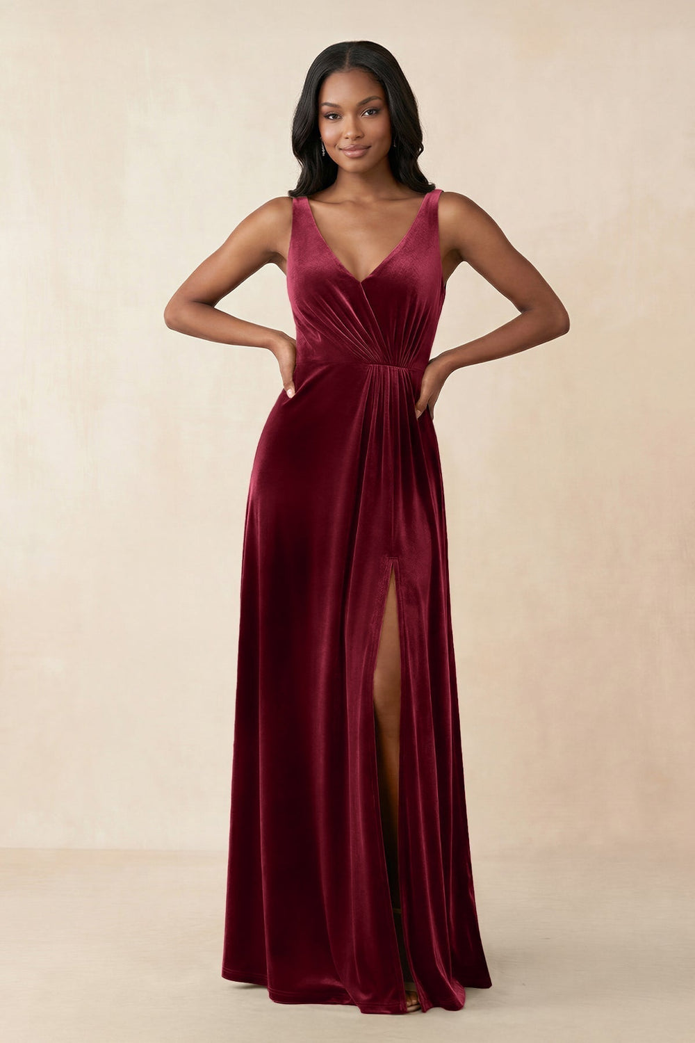 V-Neck Ruched A-Line Velvet Bridesmaid Dress in Burgundy
