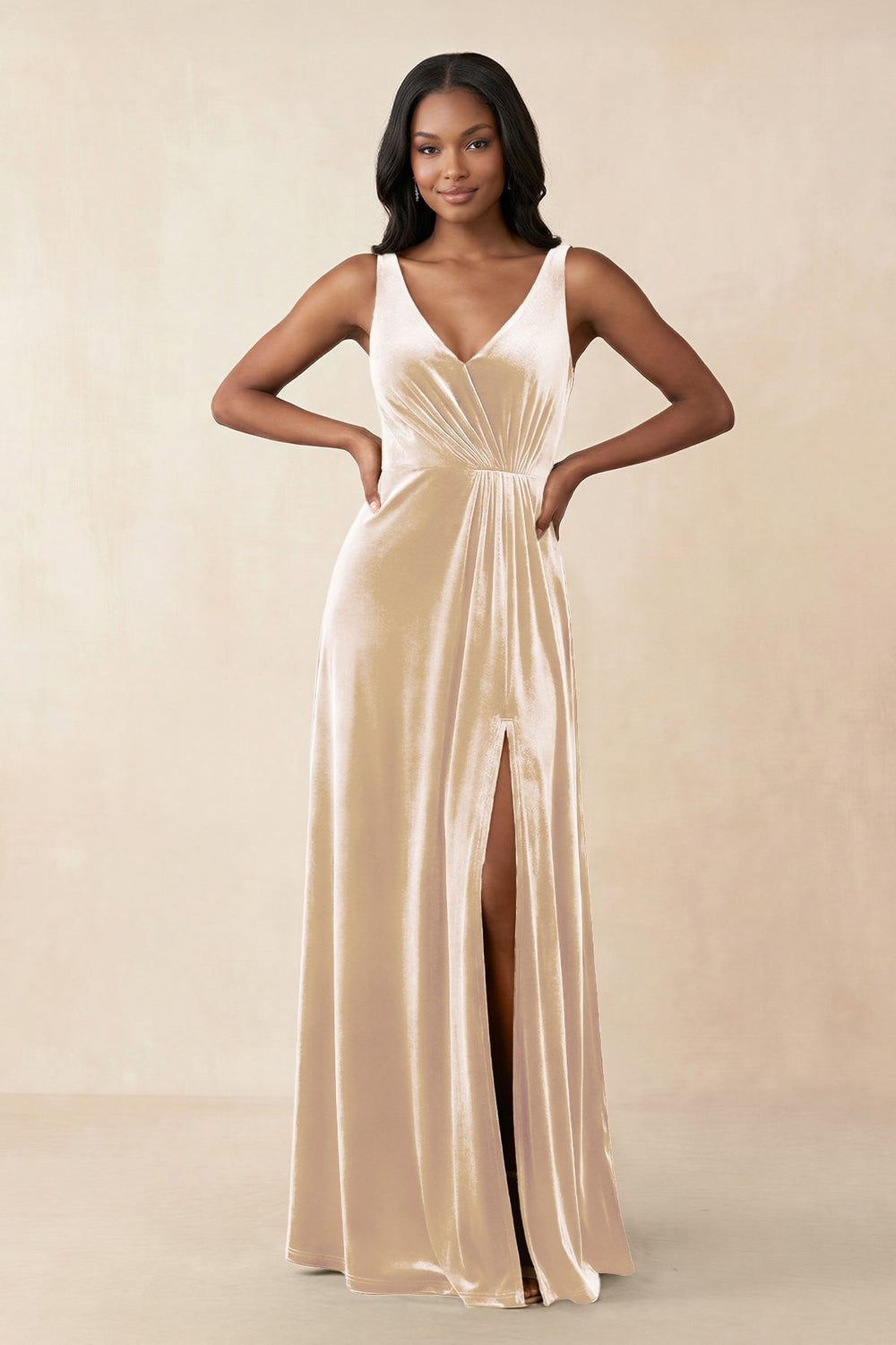 V-Neck Ruched A-Line Velvet Bridesmaid Dress in Champagne