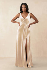 V - Neck Ruched A - Line Velvet Bridesmaid Dress in Champagne - KISS BRIDAL Bridesmaid Dresses