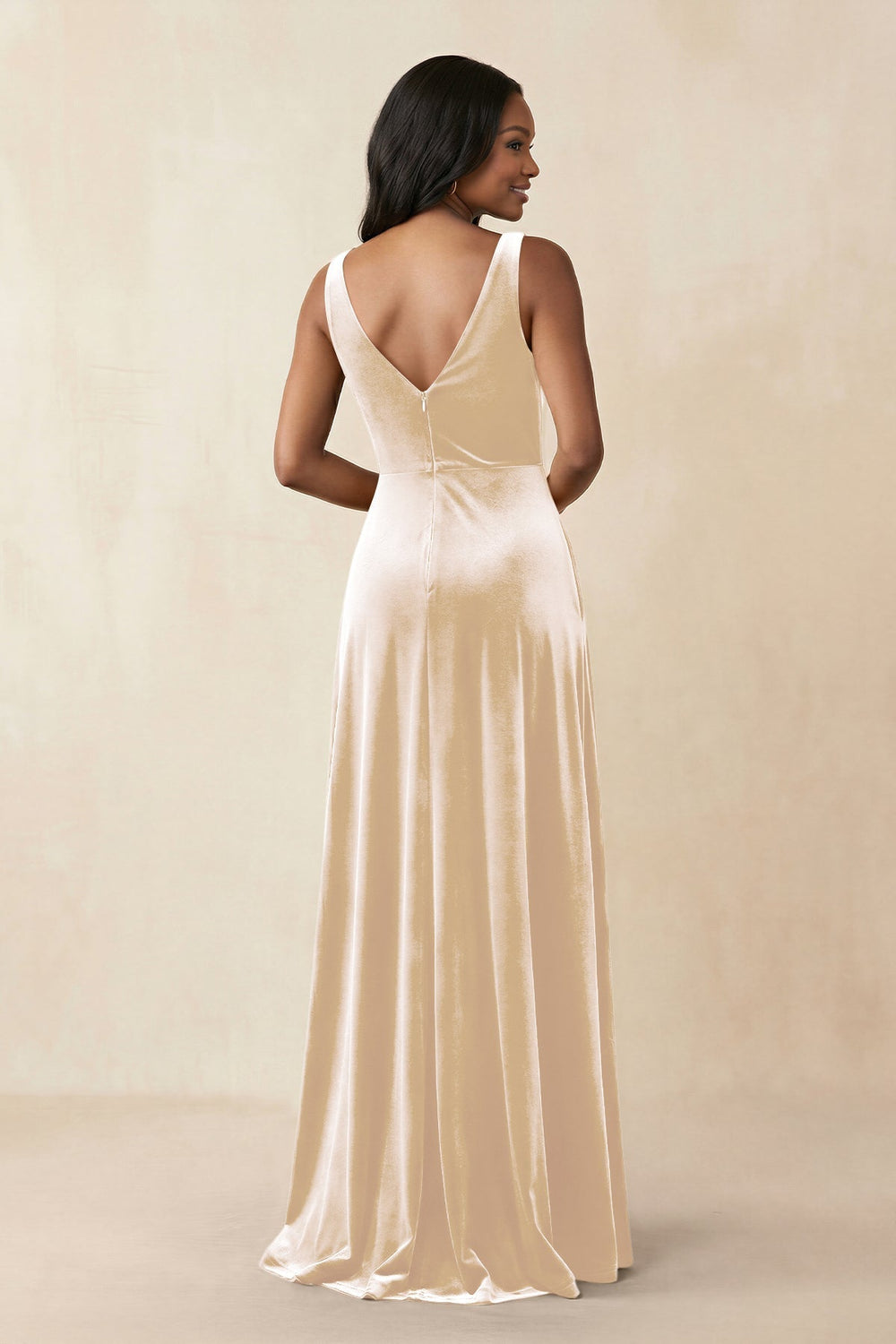 V-Neck Ruched A-Line Velvet Bridesmaid Dress in Champagne