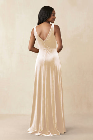 V - Neck Ruched A - Line Velvet Bridesmaid Dress in Champagne - KISS BRIDAL Bridesmaid Dresses