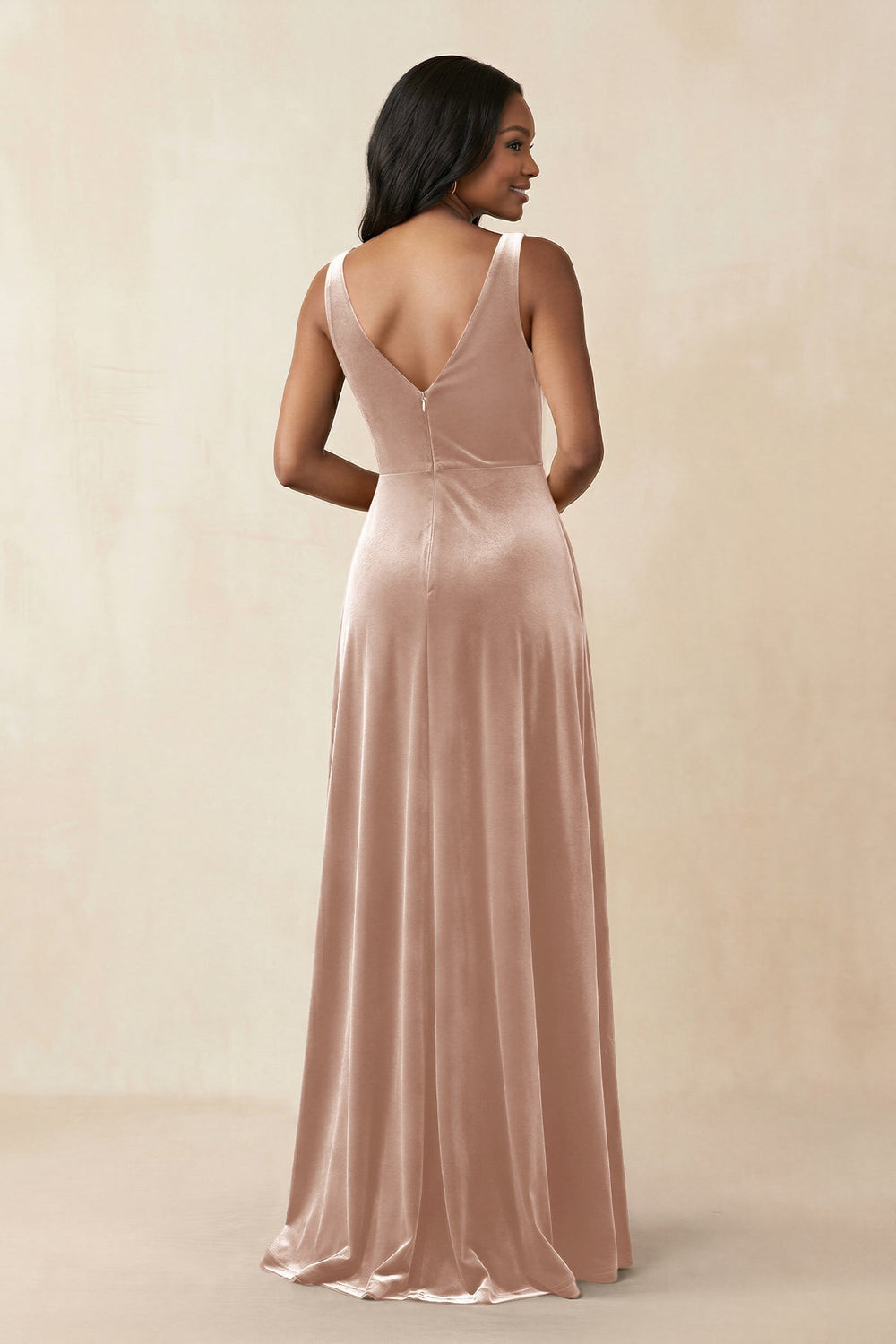 V-Neck Ruched A-Line Velvet Bridesmaid Dress in Champagne Rose