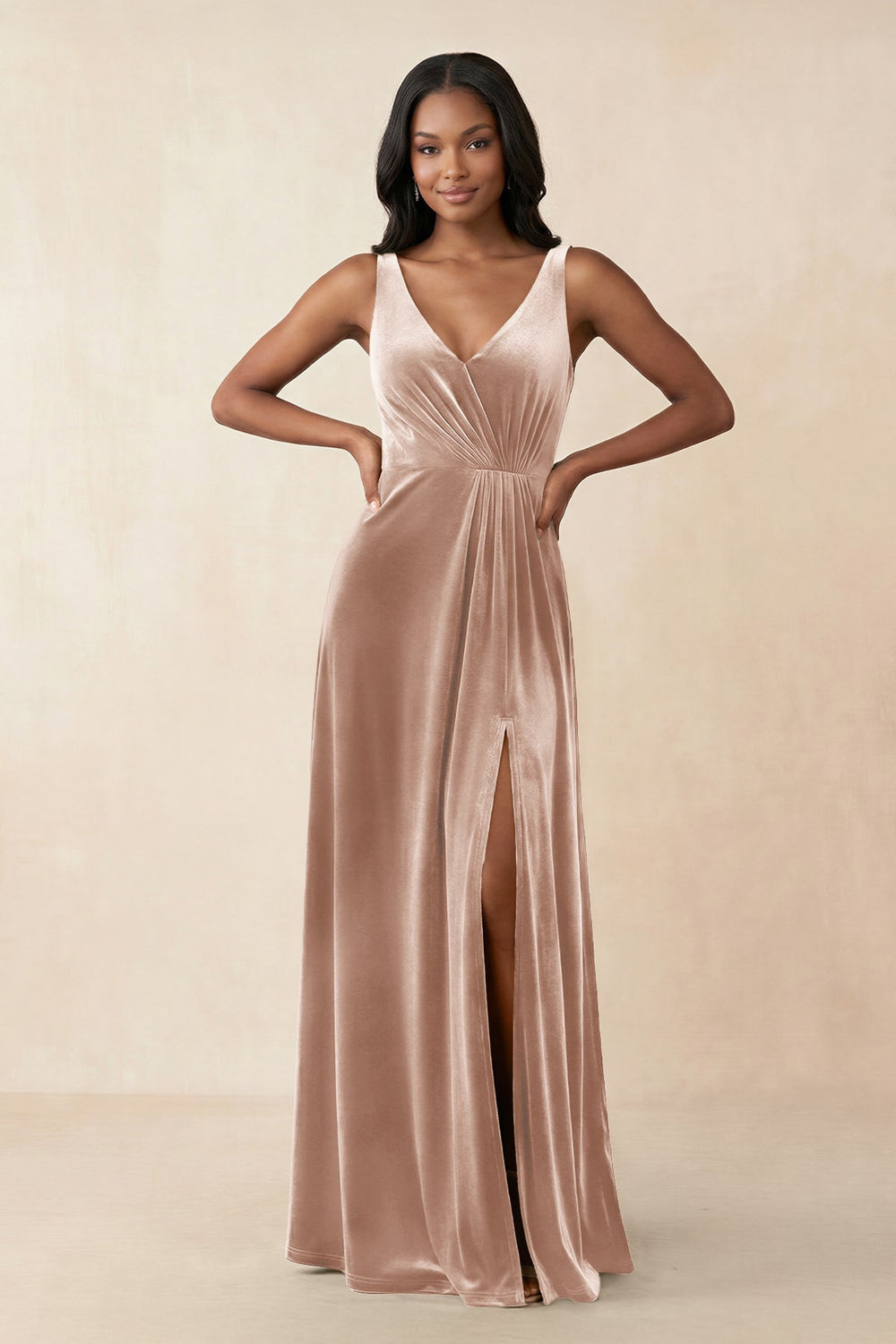 V-Neck Ruched A-Line Velvet Bridesmaid Dress in Champagne Rose