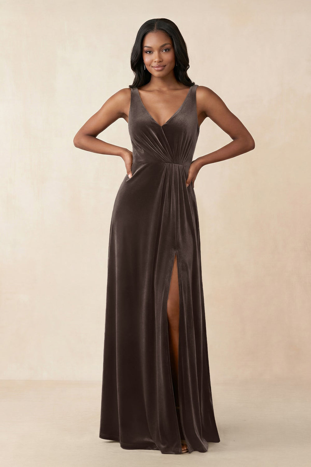 V-Neck Ruched A-Line Velvet Bridesmaid Dress in Chocolate