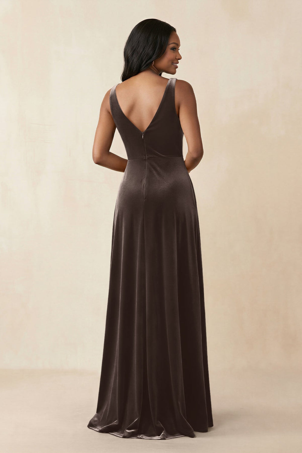 V-Neck Ruched A-Line Velvet Bridesmaid Dress in Chocolate