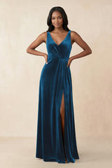 V - Neck Ruched A - Line Velvet Bridesmaid Dress in Dark Teal - KISS BRIDAL Bridesmaid Dresses