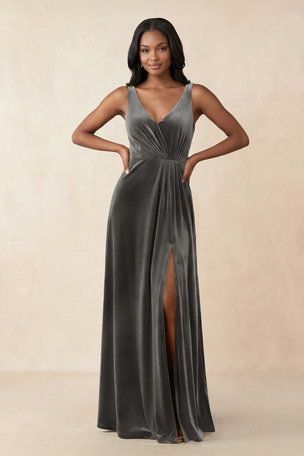 V-Neck Ruched A-Line Velvet Bridesmaid Dress in Frost