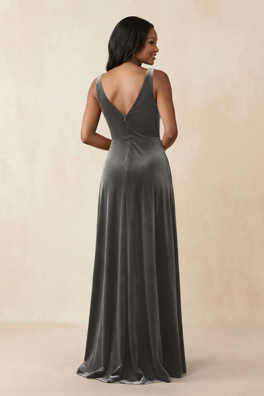 V-Neck Ruched A-Line Velvet Bridesmaid Dress in Frost