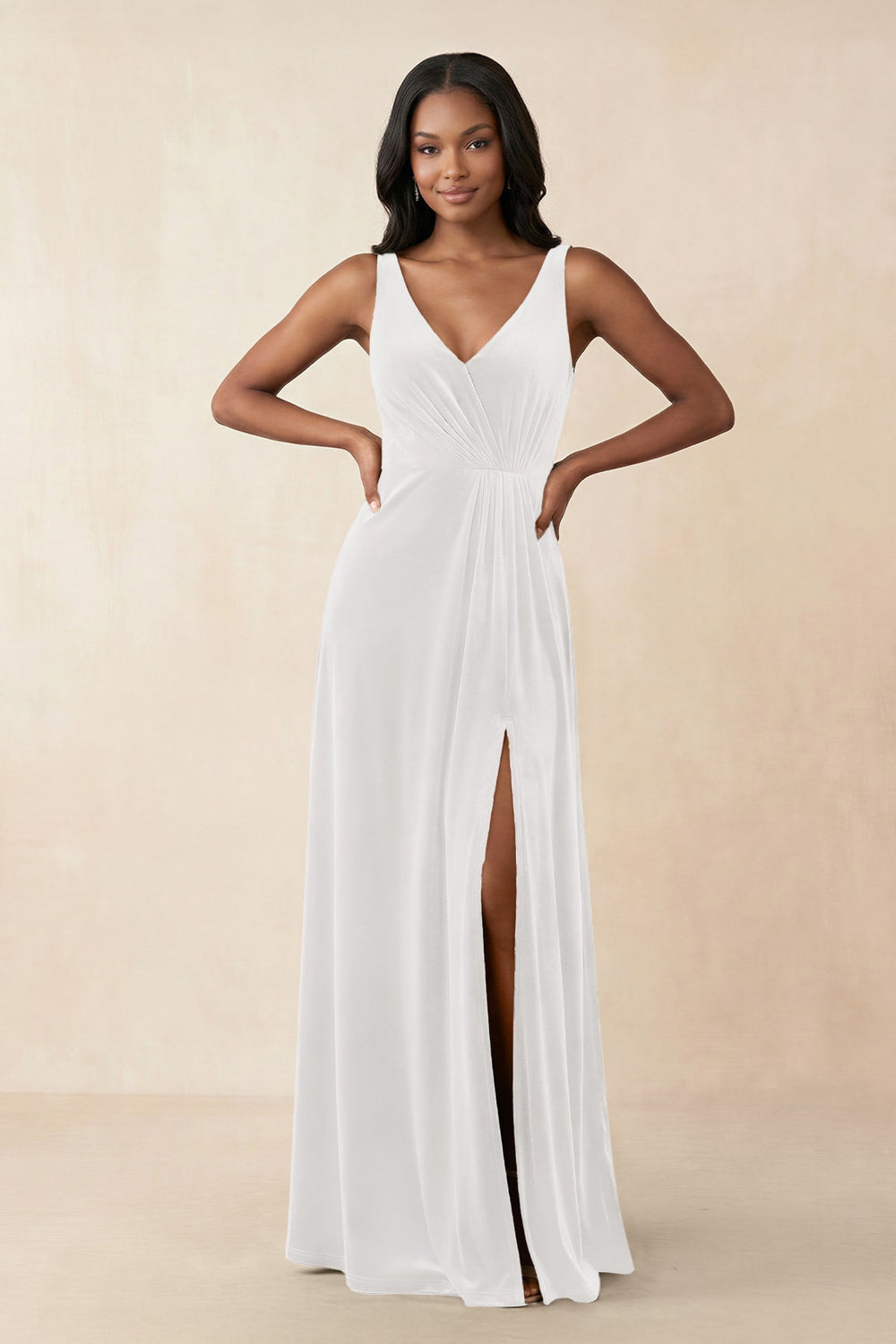 V-Neck Ruched A-Line Velvet Bridesmaid Dress in Ivory