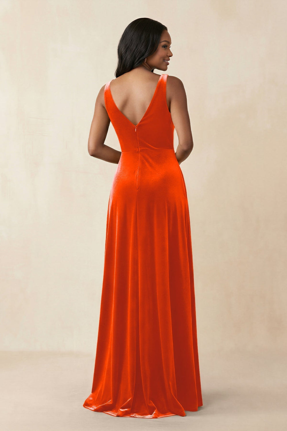 V-Neck Ruched A-Line Velvet Bridesmaid Dress in Orange