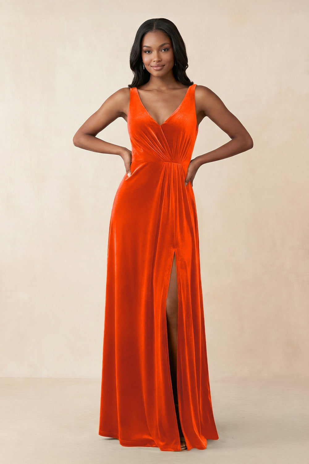 V-Neck Ruched A-Line Velvet Bridesmaid Dress in Orange