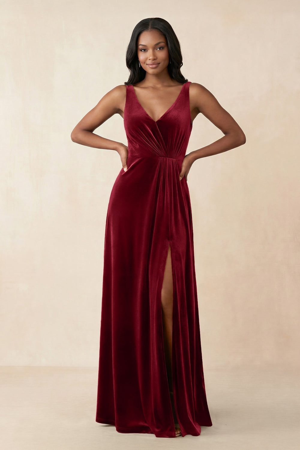V-Neck Ruched A-Line Velvet Bridesmaid Dress in Rosewood