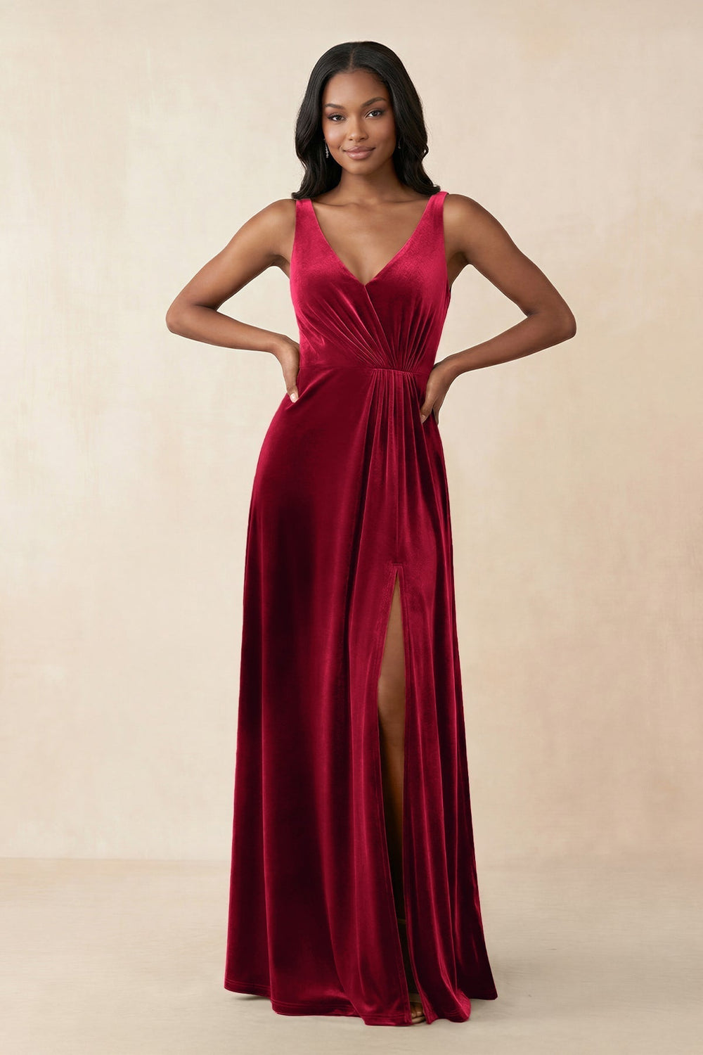 V-Neck Ruched A-Line Velvet Bridesmaid Dress in Ruby Red