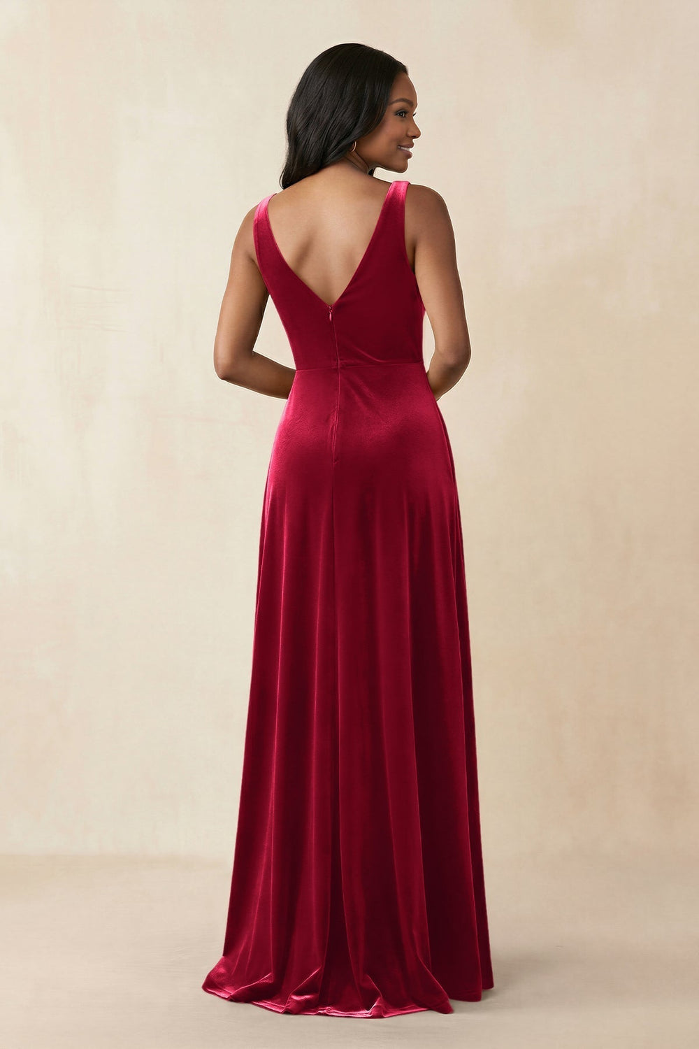 V-Neck Ruched A-Line Velvet Bridesmaid Dress in Ruby Red