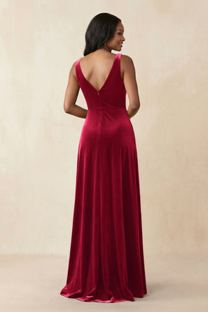 V - Neck Ruched A - Line Velvet Bridesmaid Dress in Ruby Red - KISS BRIDAL Bridesmaid Dresses