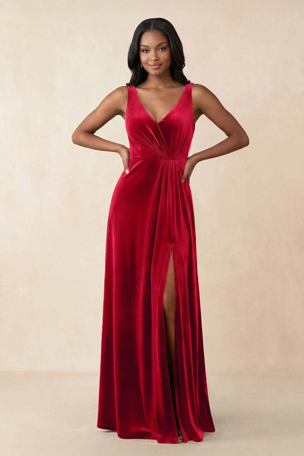 V-Neck Ruched A-Line Velvet Bridesmaid Dress in Spice