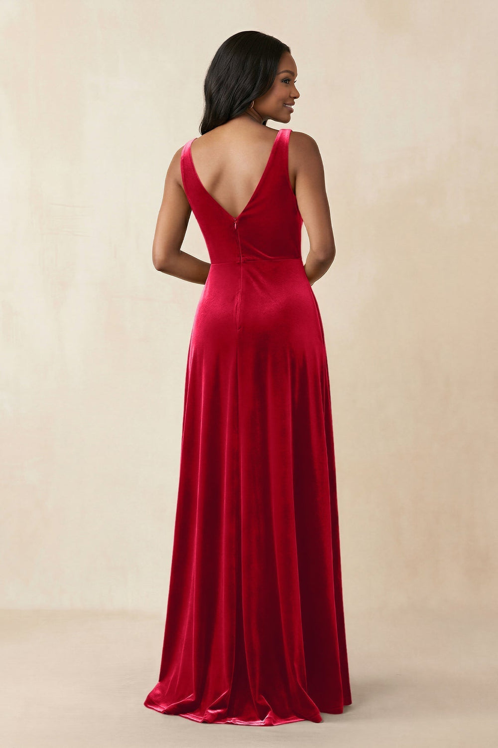 V-Neck Ruched A-Line Velvet Bridesmaid Dress in Spice
