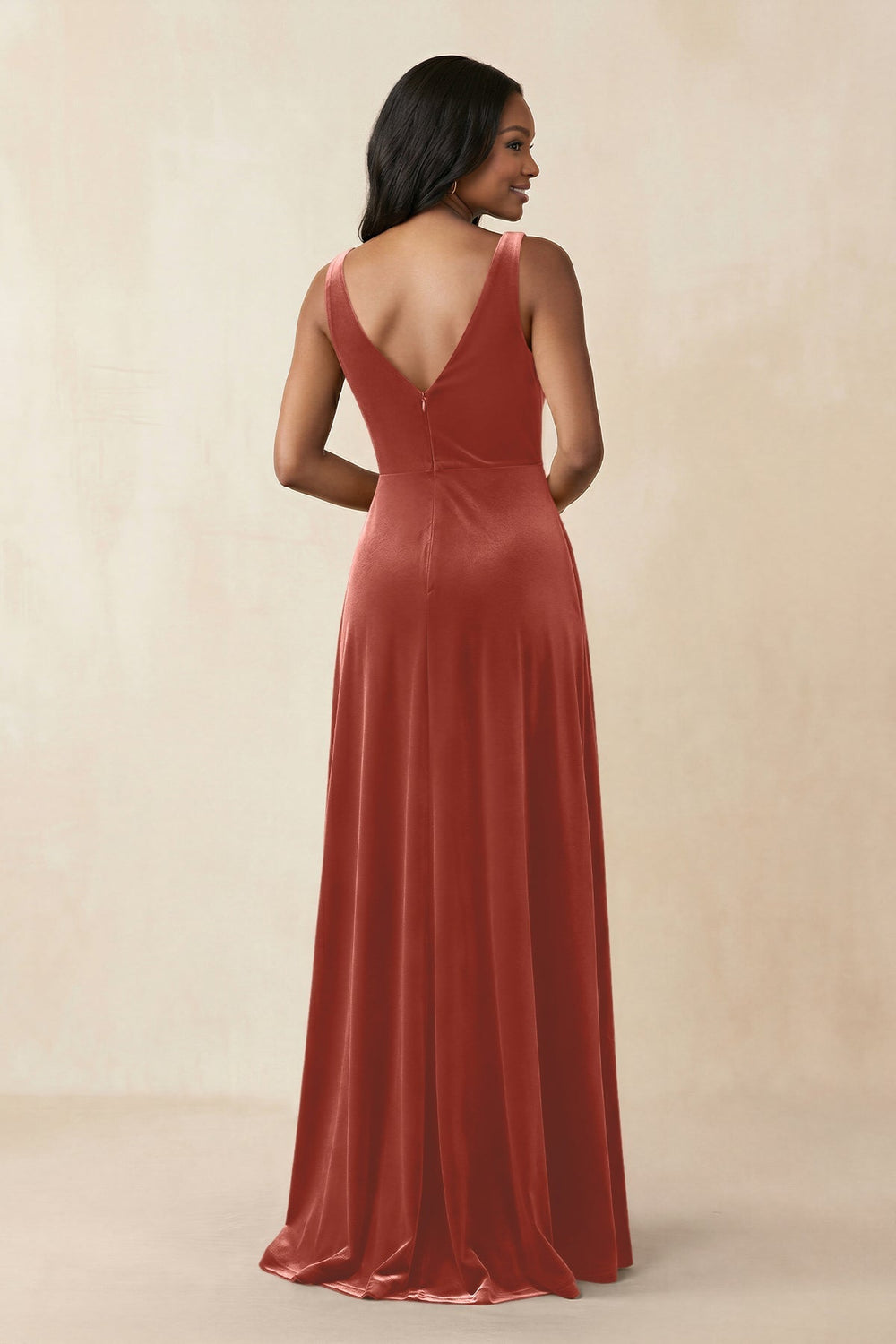 V-Neck Ruched A-Line Velvet Bridesmaid Dress in Terracotta
